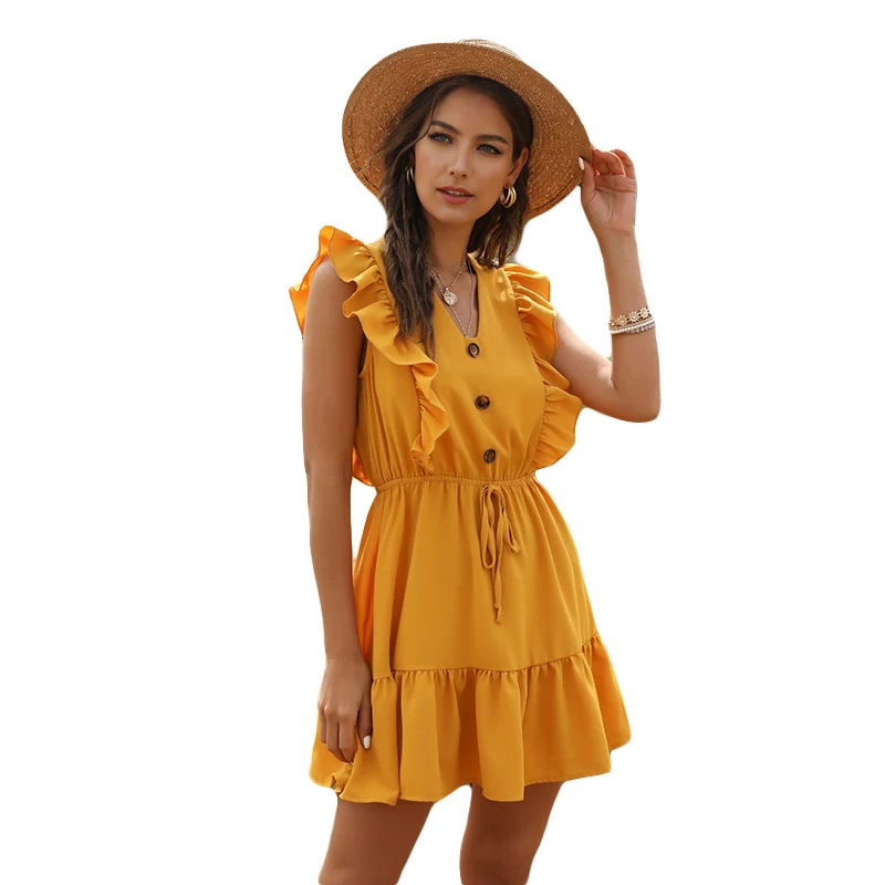 

Wholesale 2021 Summer Women Casual A Line Dress V Neck Single Breasted Sleeveless Ruffles Mini Dress