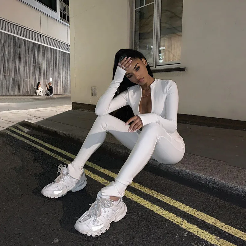 

2020 New Street Look Autumn Women's Solid Color Hip-hop Streetwear High Waist Zipper Slim Casual Sports Jumpsuit, Multi color