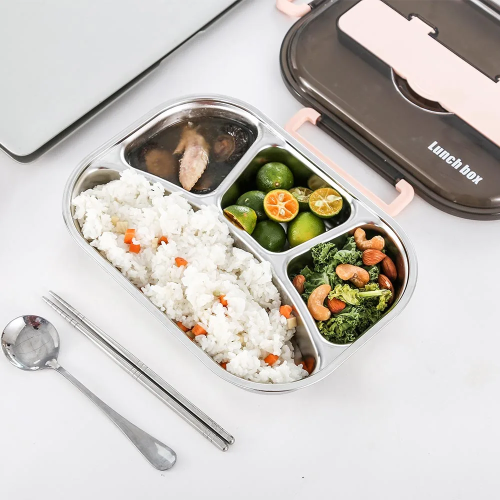 Stainless Steel Bento 4 Compartment 304 Lunch Box With Cutlery And 