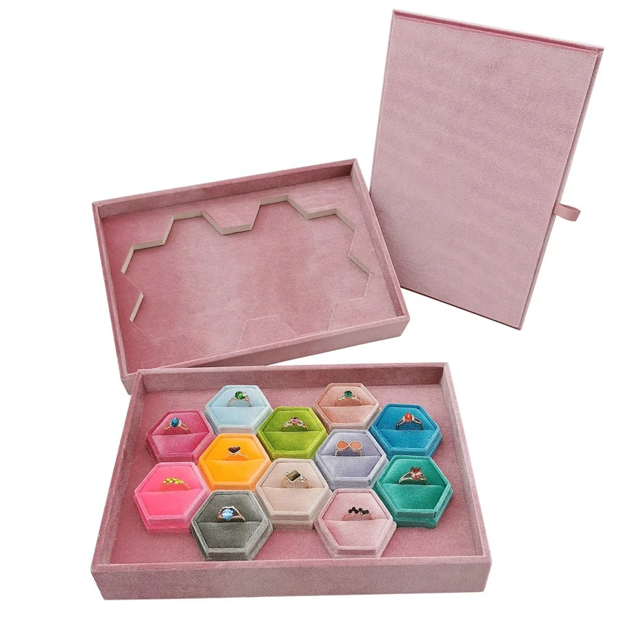 

Wholeset Ring Display Tray With Velvet Hexagon Ring Jewelry Packaging Box Jewelry Display Tray, Customized color