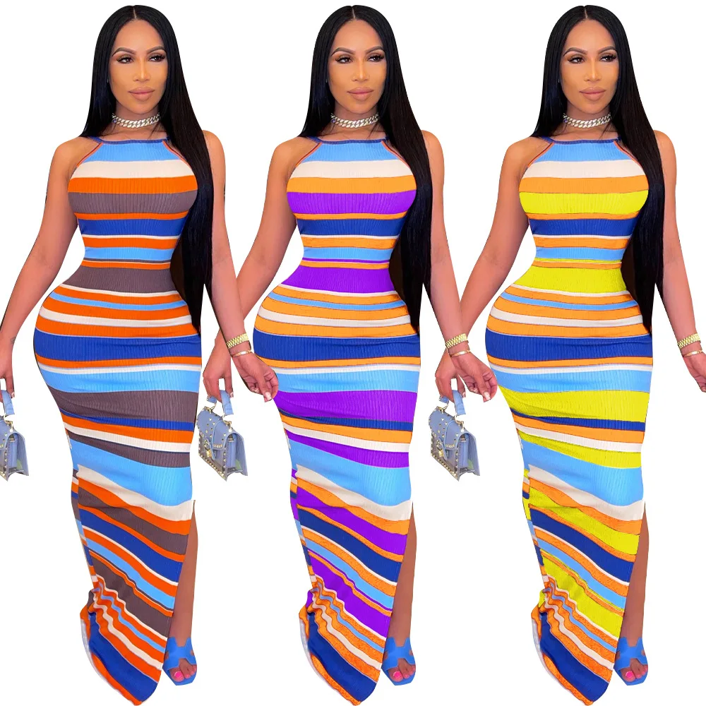 

women designer clothes ribbed bodycon stripe backless elasticity dress sexy long maxi slit dresses with slits