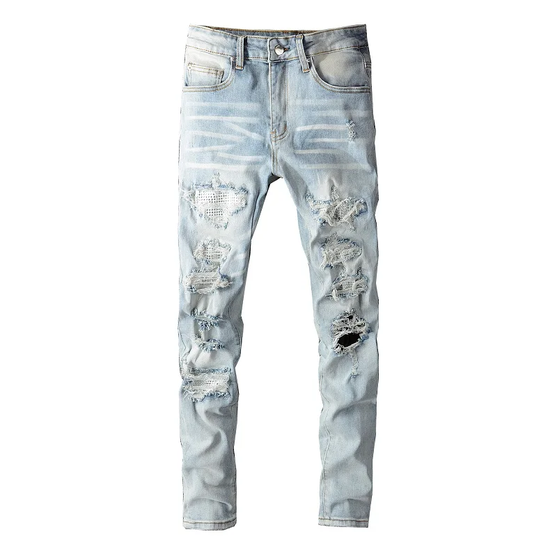 

Fashion New Design Custom amirys Hearys paris Hot-sell ripped path vintage Long Pants Men's Denim damaged jeans