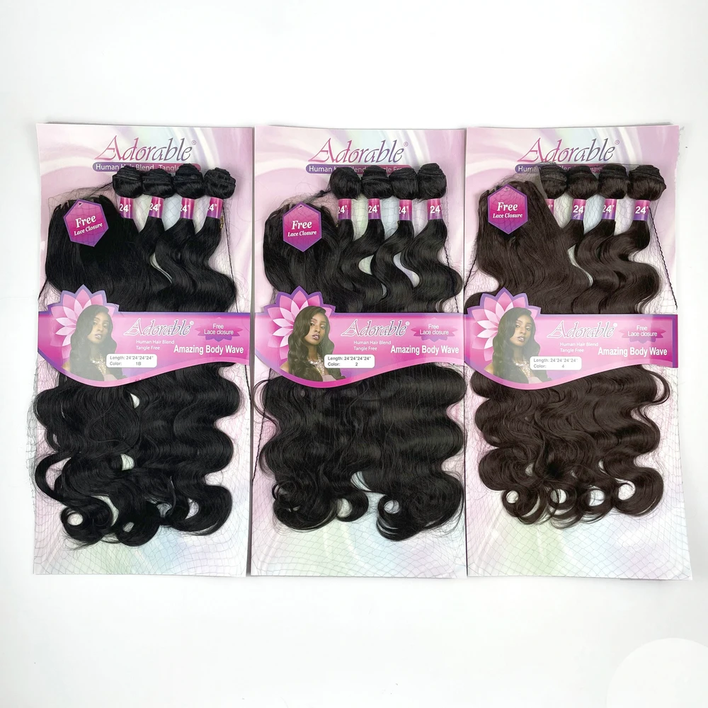 

Hot sale Adorable Synthetic Hair Bundles With Free Machine Made 4*4 Lace Closure Amazing Body Wave 4pcs