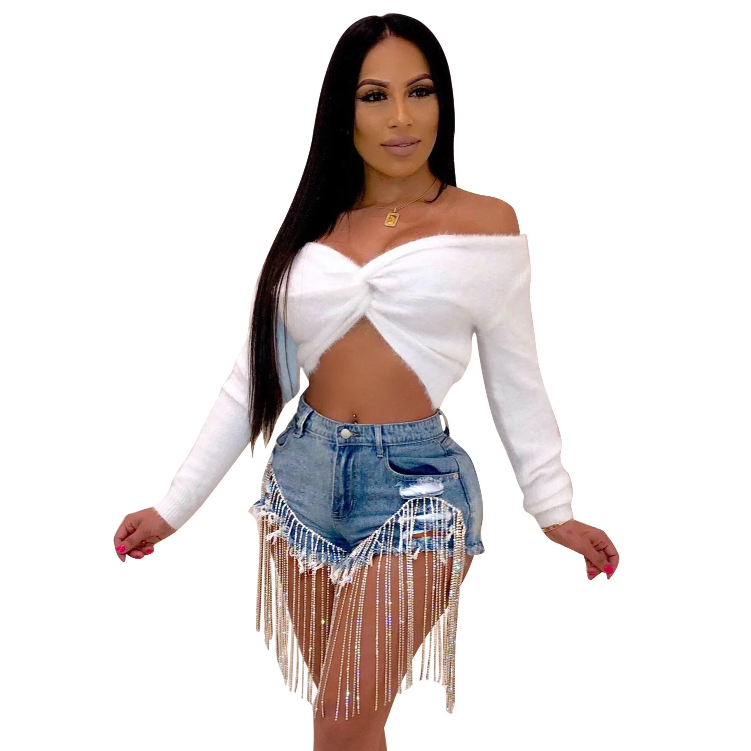 

2021 Amazon hot selling sexy ripped stylish high waist tassels chain denim jeans women shorts