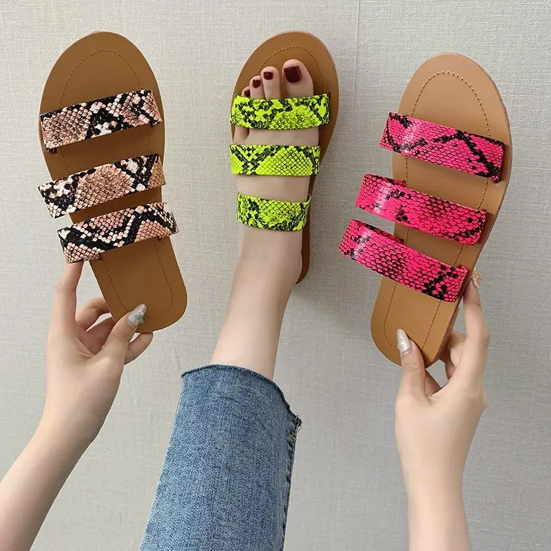 

High quality big size women sandals summer girls snakeskin leather casual outdoors flat slipper, 4 color available