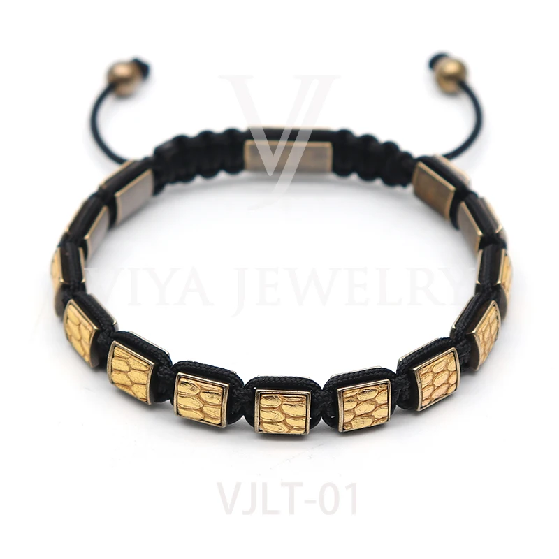 

Free Shipping Luxury Square Lizard Leather Beaded Antique Brass Bronze Beads Men Bracelet