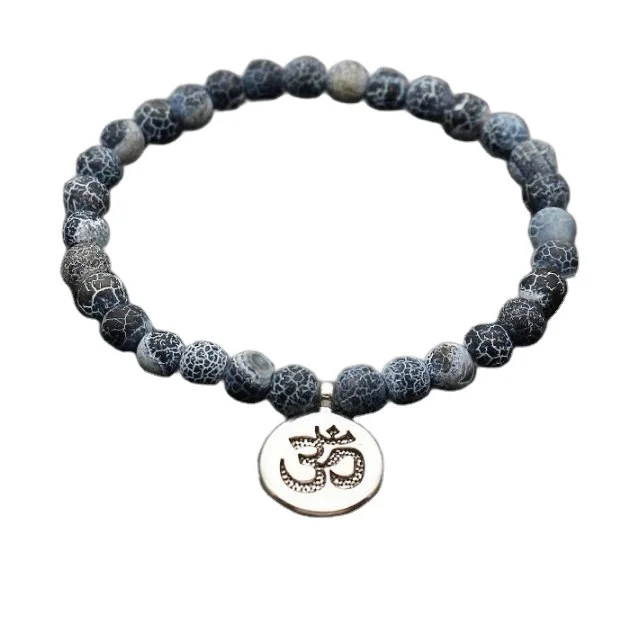

Texture Lava Bracelet with Lotus charms natural white turquoise stretch mala bracelets for man