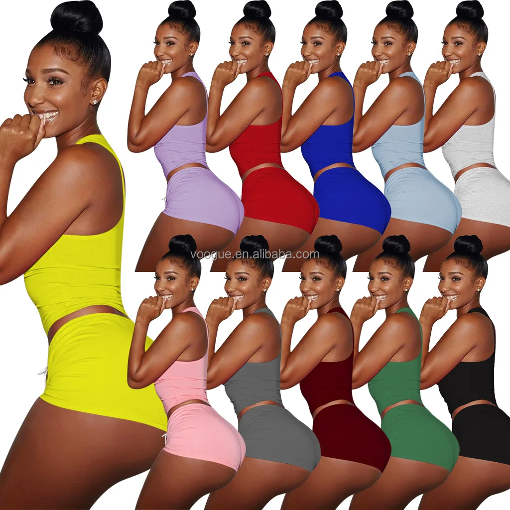 

Summer Women Solid Color Tracksuit Sport Vest Set Womens Bodycon Workout Outfits Two Piece Set, Pics