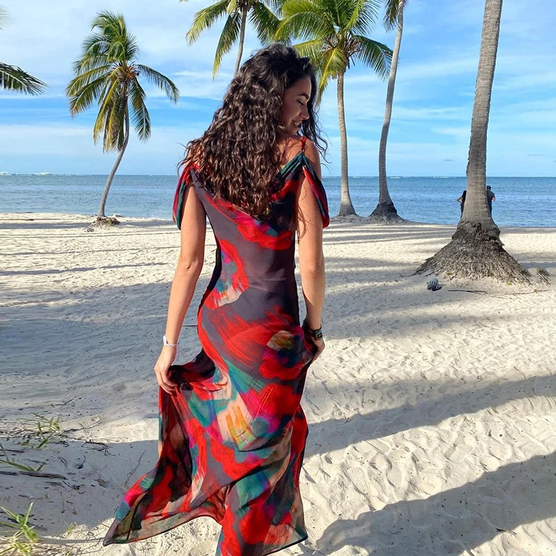 

kuchi ins summer 2021 new arrival fashion one shoulder sexy low cut print long dresses for women