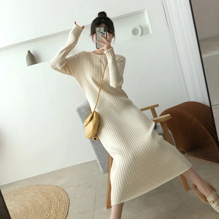 

Factory Outlet Winter 2020 New Knit Base Skirt Over-the-knee Sweater Dress Retro Pullover Loose Dress, Shown