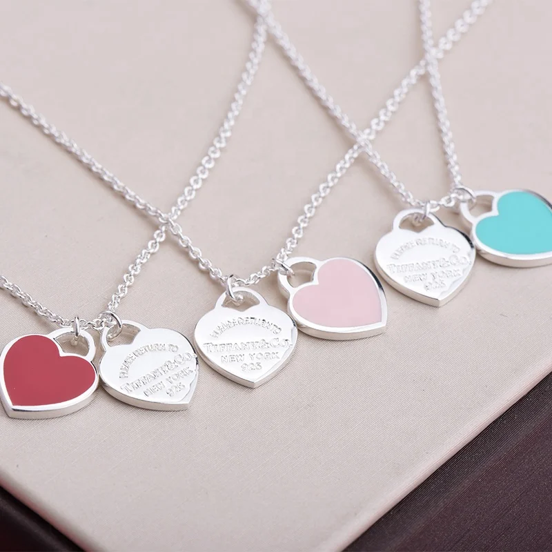 

925 sterling silver jewelry Double Heart Charm TIFF Style Pendant enamel love necklace fashion jewelry lock Pendant, Siver