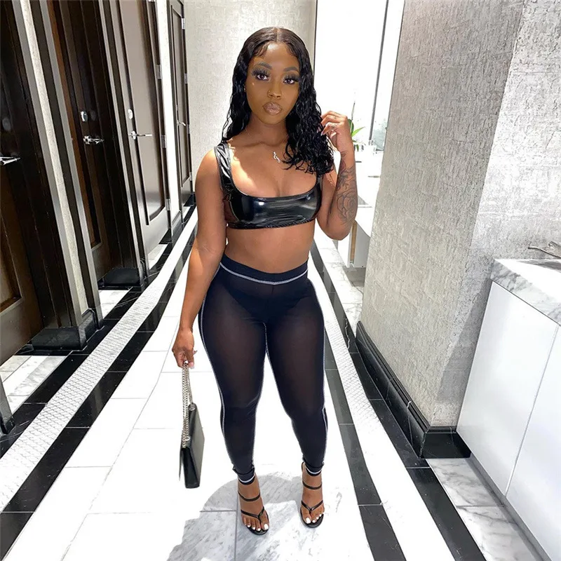 

Hot Sale M04670 - fashion sleeveless leather camisole and mesh pants women 2 piece set