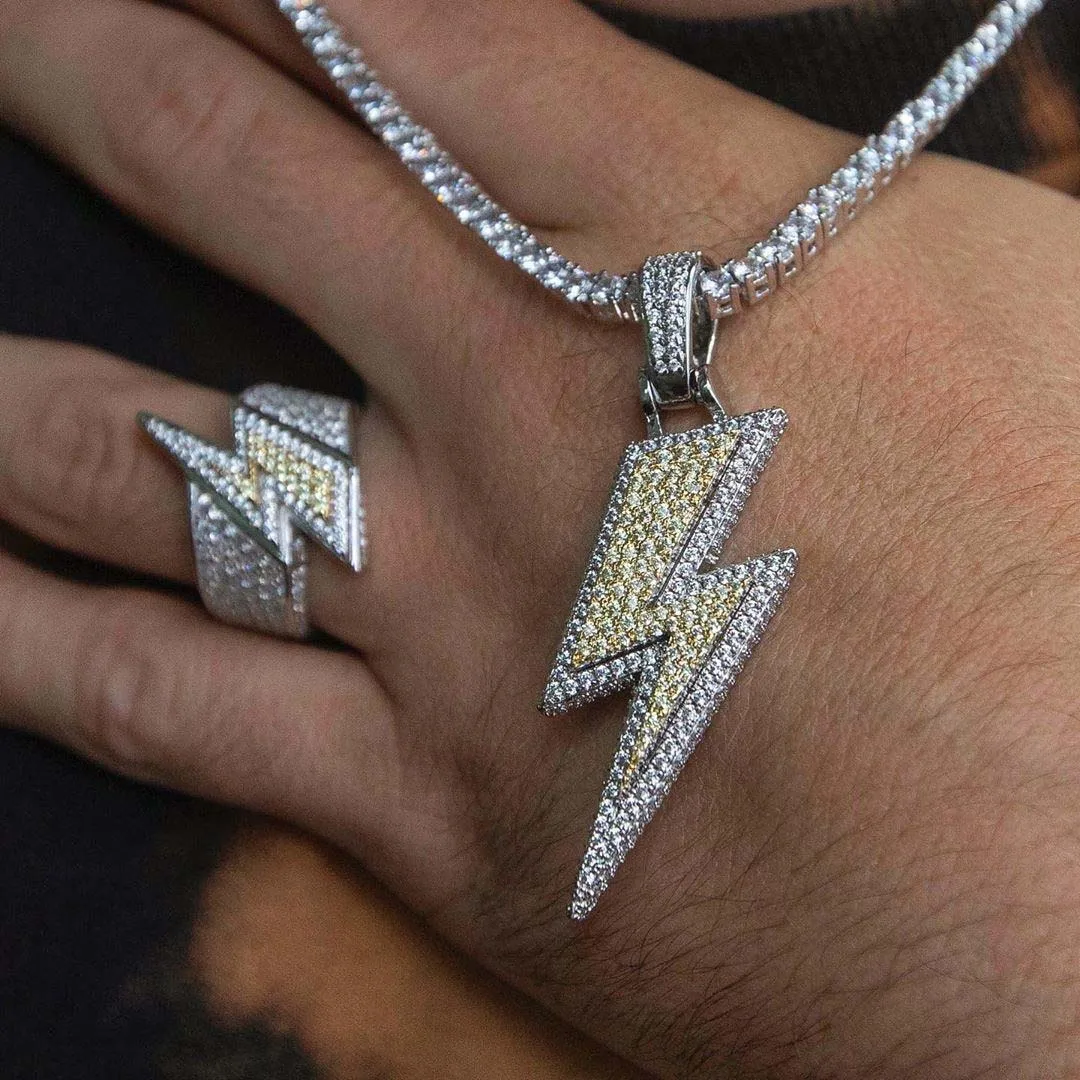 

In stock Hip hop bling Men boy jewelry Cool Rock Punk Iced out bling two tone gold plated lightning bolt necklace, Silver