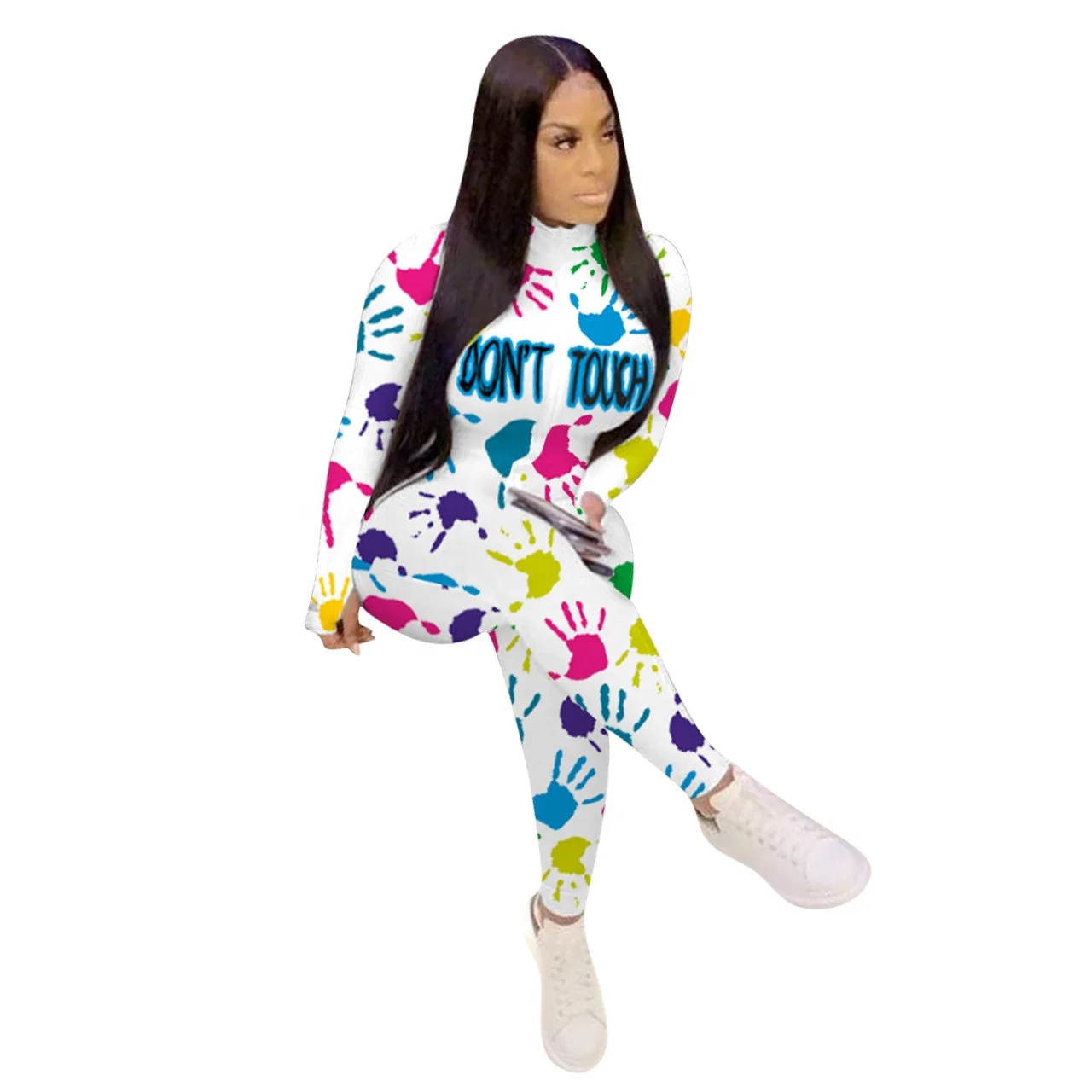 

Competitive price with high quality long sleeves Autumn print ribbed zipper sports jumpsuit, White