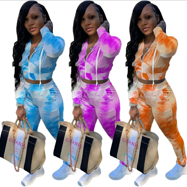 

2021 Spring Autumn Long Sleeve Women tie dye printed casual fashion two-piece set Amazon Fashion zip-up top Pantsuit Two PC set