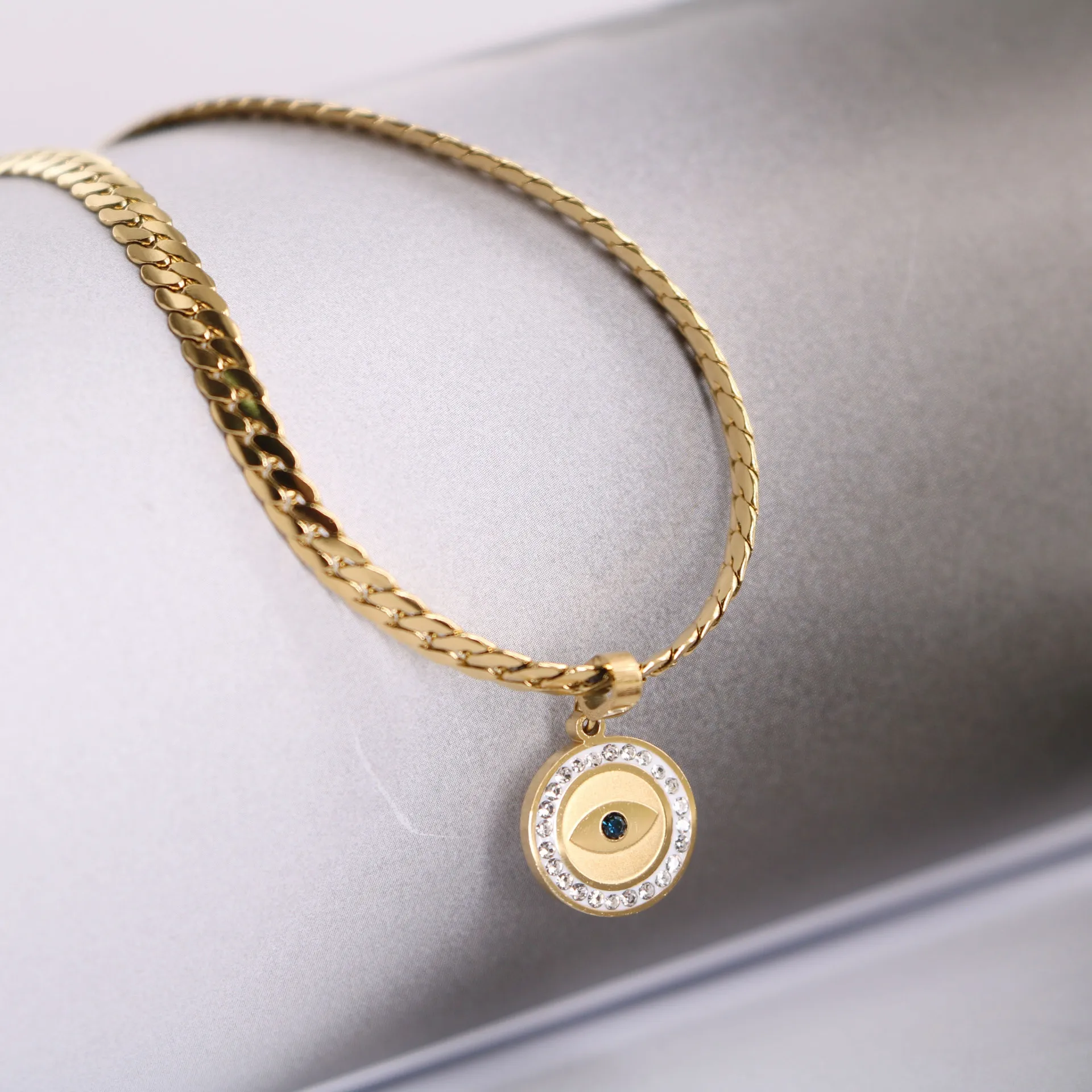 

New arrival gold plated stainless steel diamond blue evil eye rope chain necklace