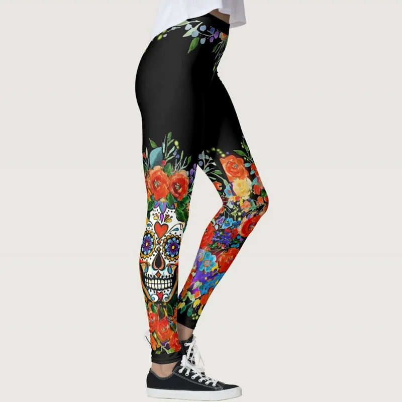 

High Bounce Exercise Fitness Training Skull-top Floral Tights Yoga Plus Size 3xl Pants Leggings, As pic