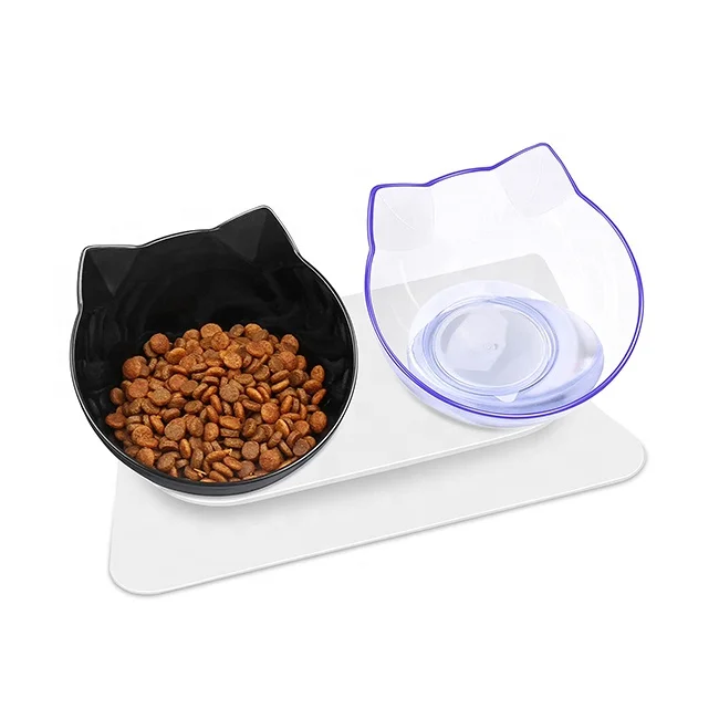 

Plastic Small Pet Feeding Bowl Double Detachable Neck Guard 15 Degree Tilted Pet Cat Bowl Elevated, Transparent,black,transparent+black