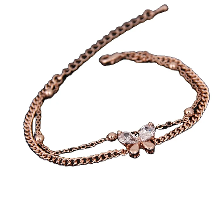 

New Rose Gold Silver Available Double Layer Chain Butterfly Bracelet Clear Shining Crystal Butterfly Bracelet