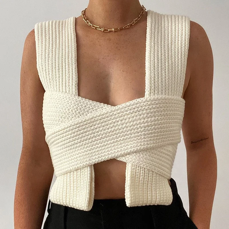 

Sweater Women Crop Top Coarse Knitted Halter Bandage Backless Sleeveless Sexy Woman Tops Base Wool Knit Sweater Heat Vest