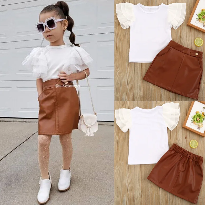 

Toddler Baby Girls Clothes Sets Kids Girls Sweet Lace Puff Sleeve White T Shirts Tops+PU Leather Skirts outfit Children, As picture