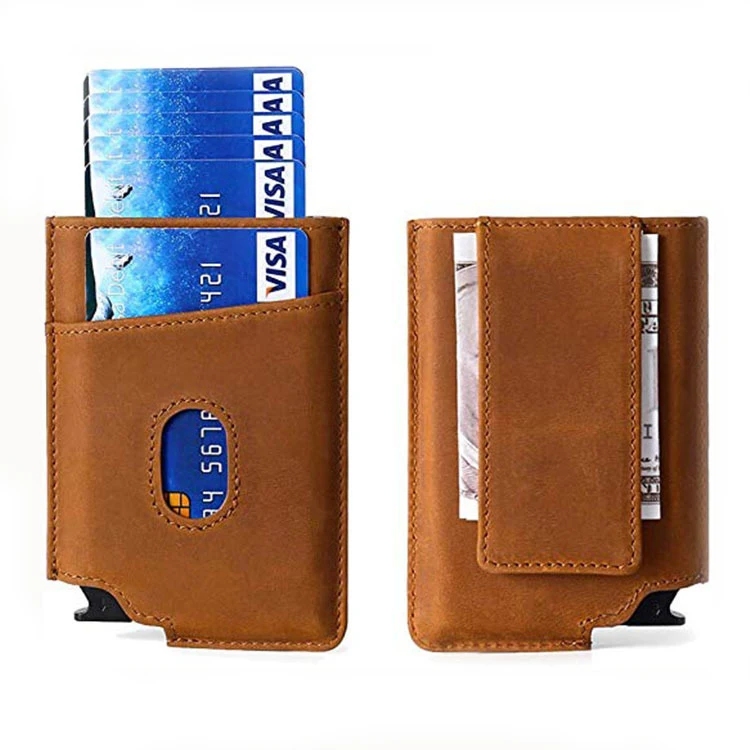 

Hot Selling Custom Wallet RFID Anti Scan PU Leather Business Credit Card Pop Up Style Holder with Magnetic Money Clip, Brown, black, coffee or customized