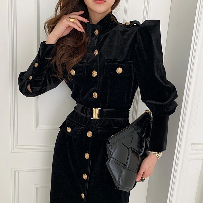 Wholesale 2026 Autumn Elegant Standing Collar Unique Single Breasted Waist Slim Working Dress Velvet Women's Dress