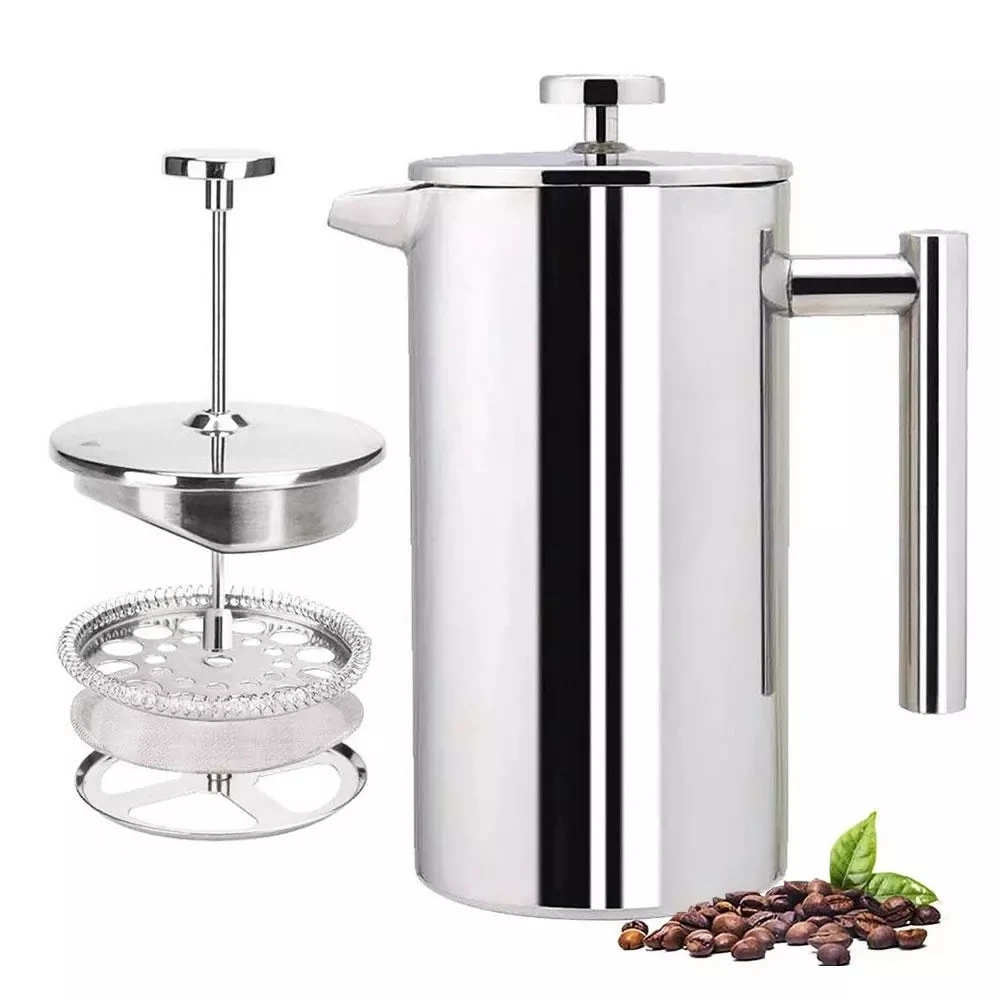 

800ml Wholesale Custom Vacuum double wall 304 stainless steel french press coffee Manual Coffee Percolator Maker Pot, Silver