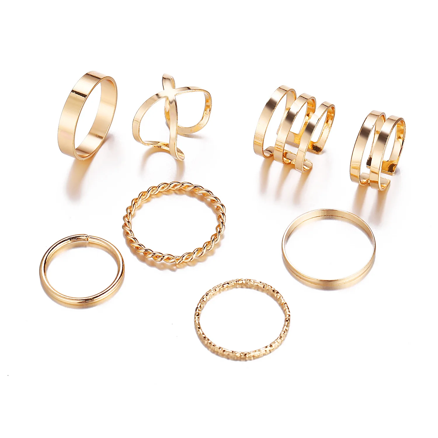 

NEW 8-Piece Set Creative Retro Simple Multi-Layer Opening Cross Twist Gold Rings For Women, As picture