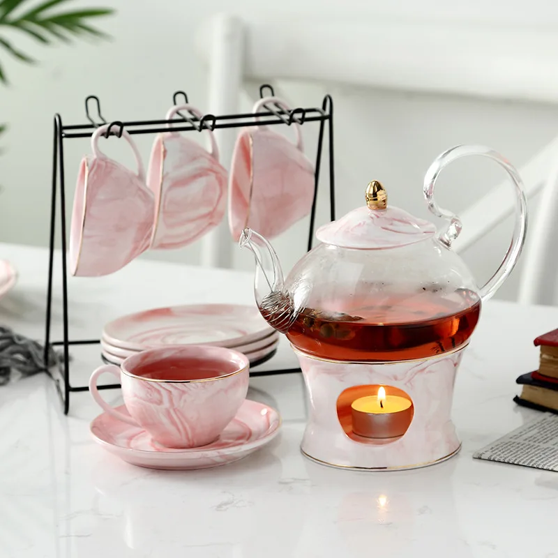 

Nordic style afternoon tea european antique coffee teacup set ceramic glass pink teapot set candle heat resistant with handle, Colorful