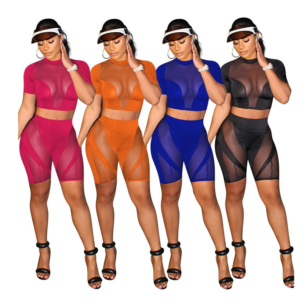 

Hot Sale See Through Short Sleeve Top Splicing Mesh Shorts Women For Sexy NightClub Two Piece Set, 4 colors