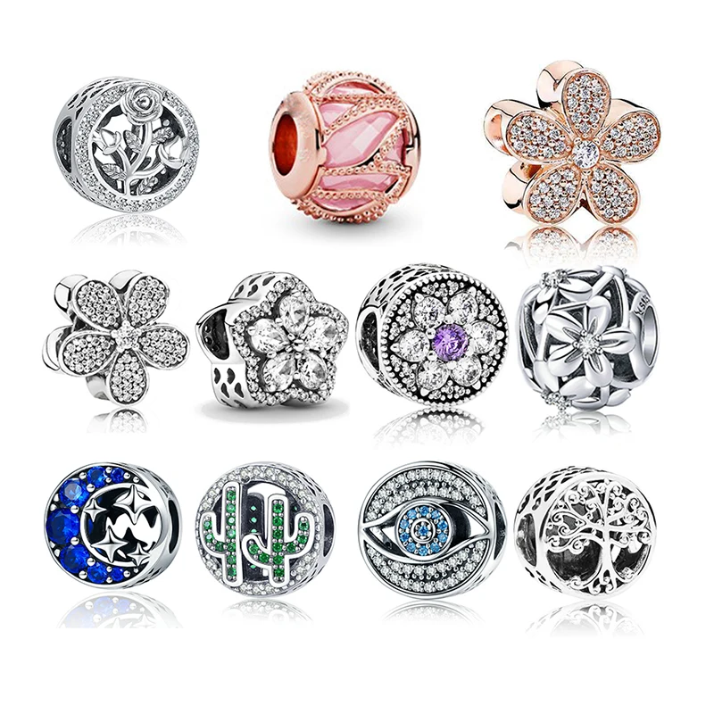 

New 2021 Sterling Silver Color Charms Fit Original Pandora Bracelet Ocean & Flower & Family Tree 925 Beads DIY Jewelry For Women