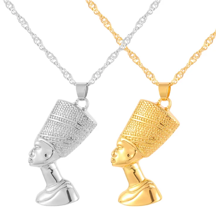 

Wholesale Jewelry African Gift Men Gold Plated Color Necklace Egyptian Queen Pendant Nefertiti Necklaces for Women, As pictures