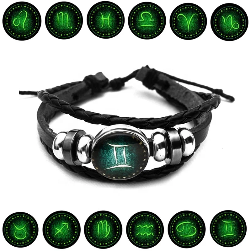 

12 Twelve Zodiac Multilayer Woven Starry Sky Bracelet Punk Luminous Leather Bracelet, As pictures