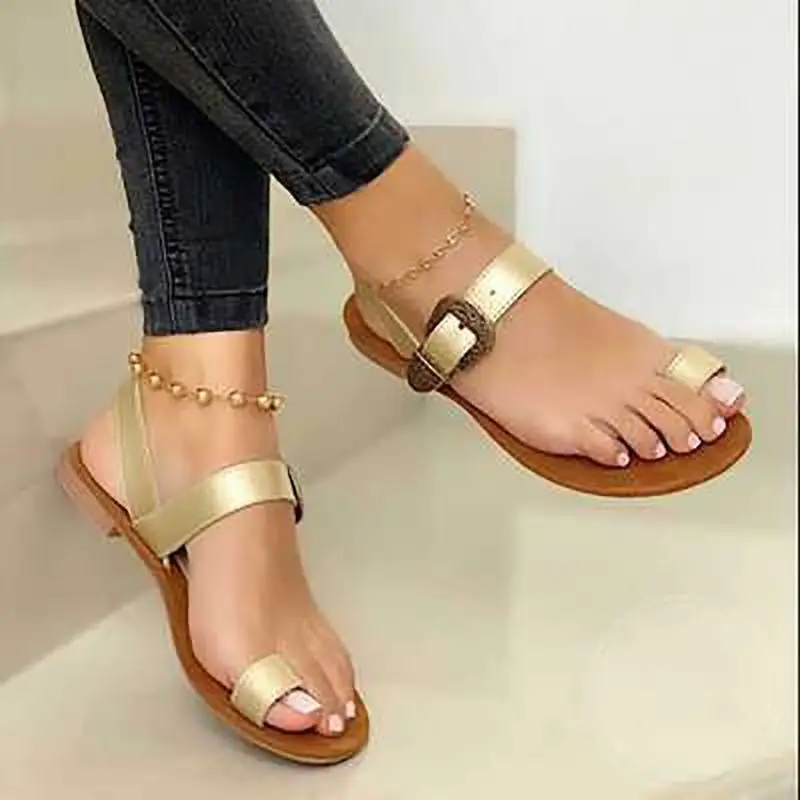 

Custom Model Sexy Ladies Flat Sandals Plus Size Solid Color Set Toe Ankle Strap Belt Buckle Women Summer Sandals