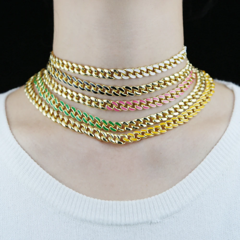 

Multi Colored White Green Red Yellow Black Rainbow Enamel Miami Cuban Chain Two Tone Choker Necklace For Men Women, Customized