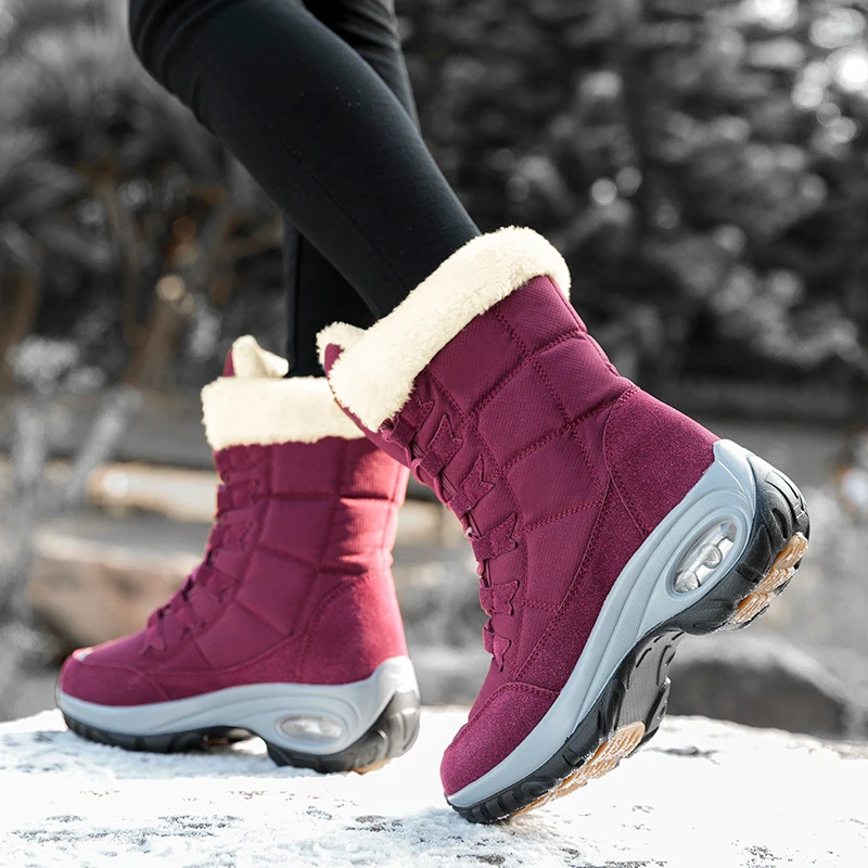 

lady air cushion sole high-top outdoor shoes winter fleece lining add Artificial wool women Warm boots high cut Hiking shoes