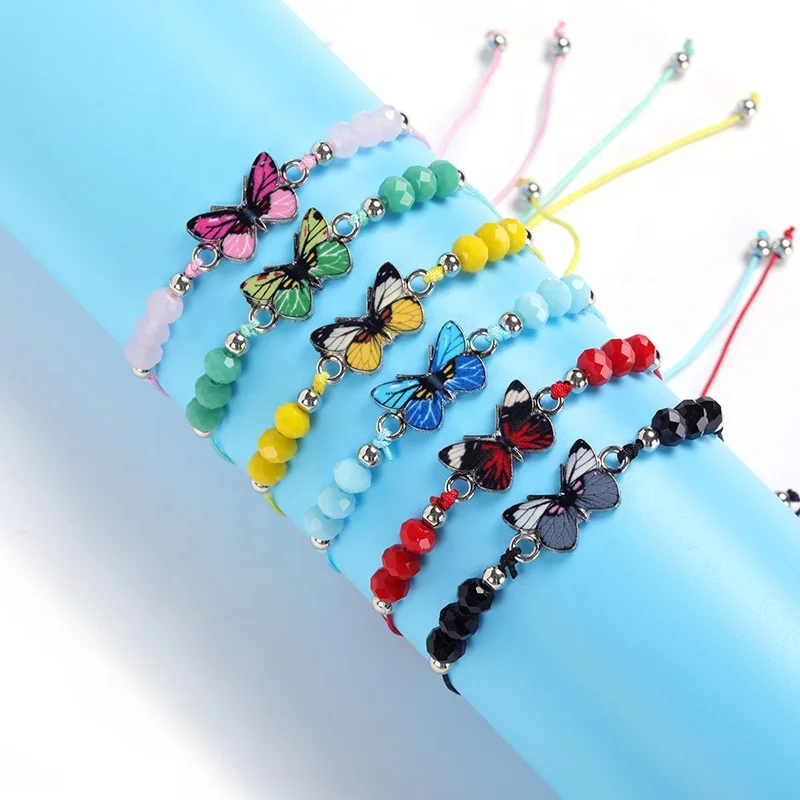 

Bohemia Fashion Color Enamel Butterfly Handmade Rope Woven  Crystal Beads butterfly bracelet Set For Women Jewelry, As picture