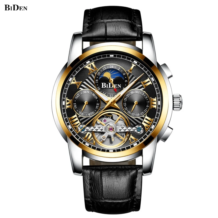 

BIDEN 0191 Automatic Mechanical Wrist Men Watch Mens Moon Phase Watch Leather Watches Manufacturing