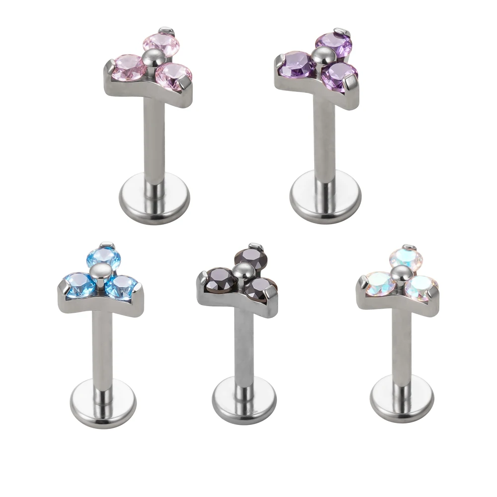 G23/ASTM F136 Titanium 3 CZ Blaze Set Tops G23 Titanium Internally Threaded Labret Ear  Nose Body Piercing Jewelry