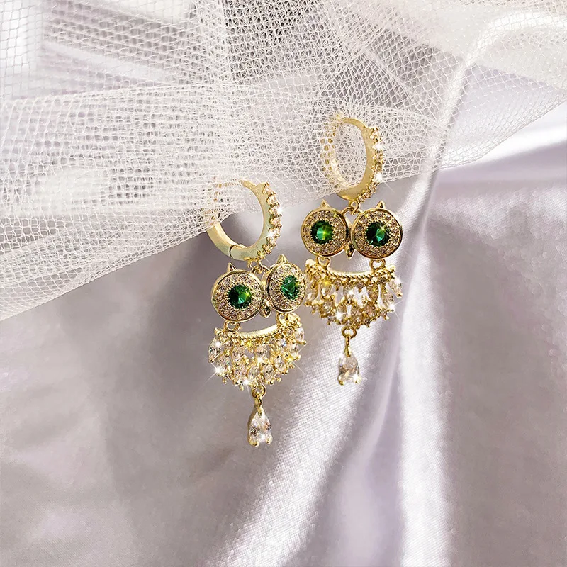 

copper green crystal owl earrings for women