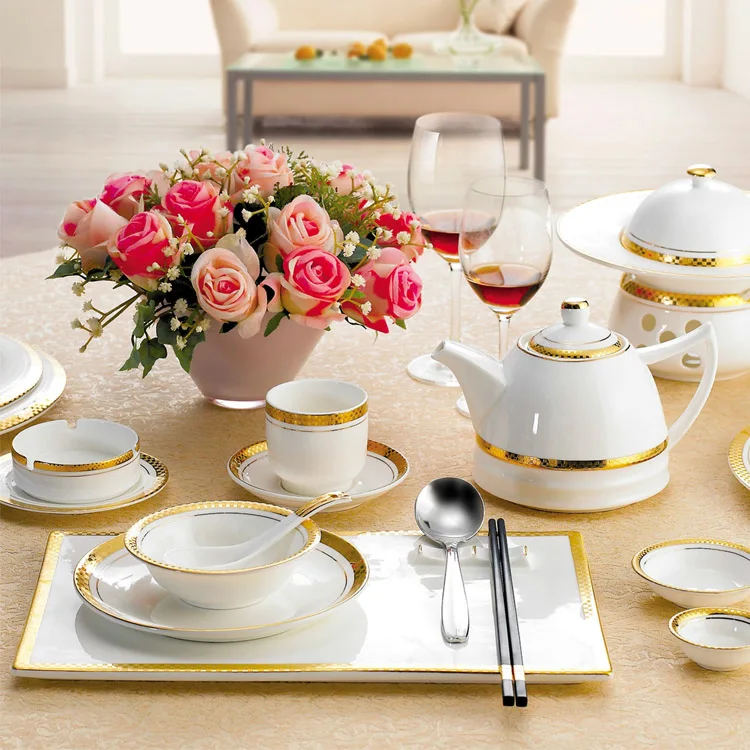 

Luxury royal turkish arabic hotel restaurant wedding party white gold rimmed ceramic porcelain dinnerware plates set, White with gold rim line