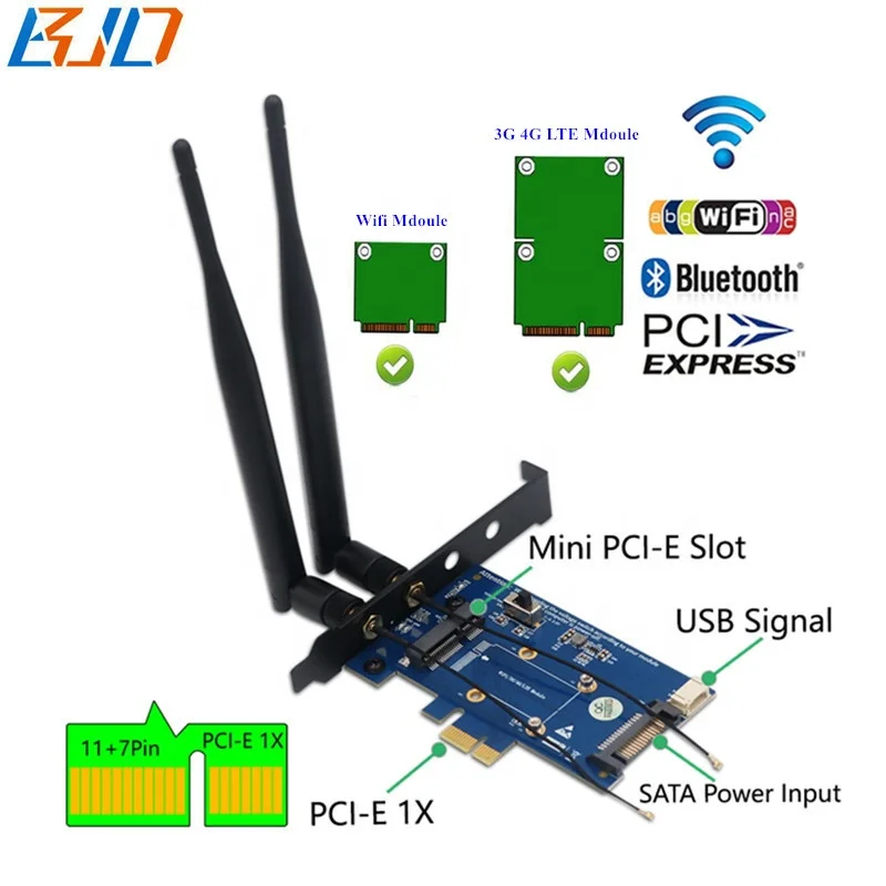 

4G LTE Wireless Modem / WIFI BT Module Mini PCI-E 52Pin MPCIe to PCIe PCI-E 1X Adapter Converter Card with SIM Slot