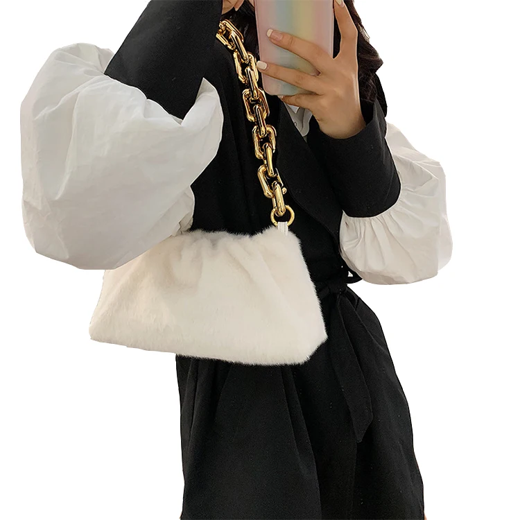 

EF081 Unique design shoulder furry ladies cloud bag thick chain women luxury hand bags