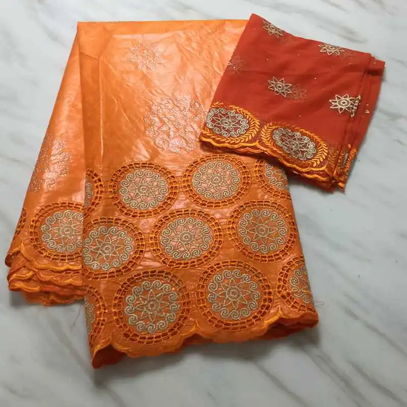AF71400 Orange color African 5yards cotton bazin riche getzner fabric styles with net lace fabric 2yards