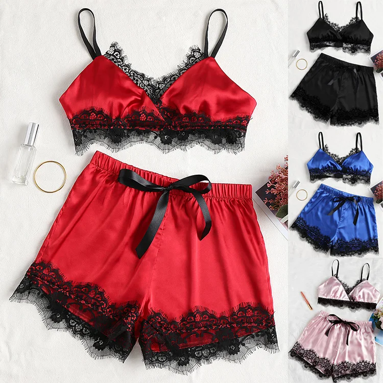 

Womens Stain Sleepwear Women Sexy Lingerie 2 Piece Set Satin Lace Bra And Panty Sets, Red,blue,black,claret,pink