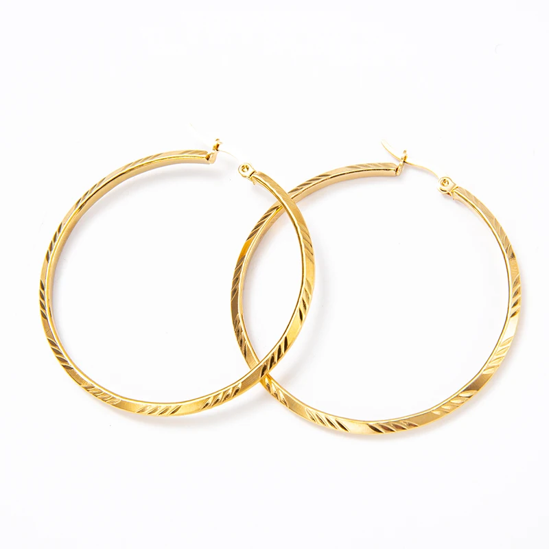 

Minimalist Jewelry Real Gold Plated Carving Stripe Hoop Earrings 316L Stainless Steel Interval Slash Wire Circle Chunky Earring