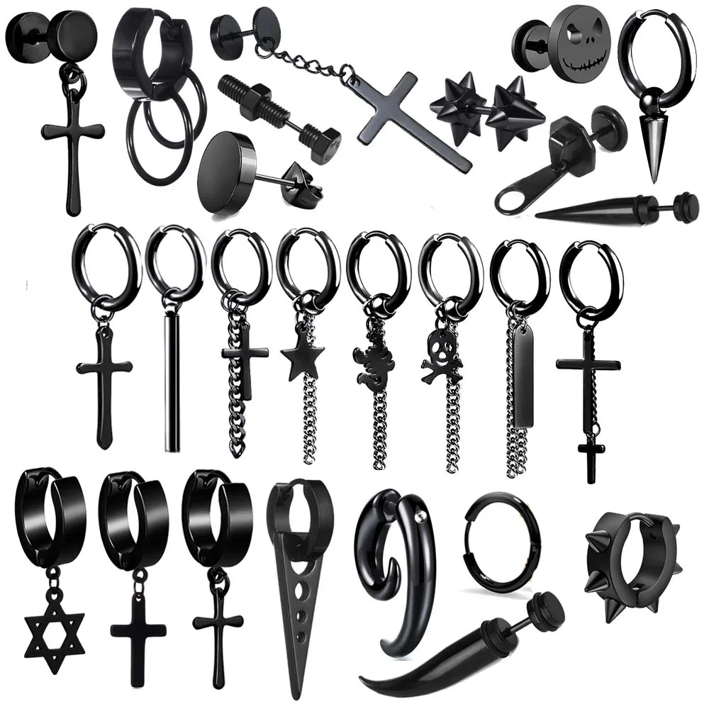 DAIHE Wholesale Stainless Steel Stud Earrings Long Chain Dangle Hinged Hip Hop Punk Rock Cross Earring