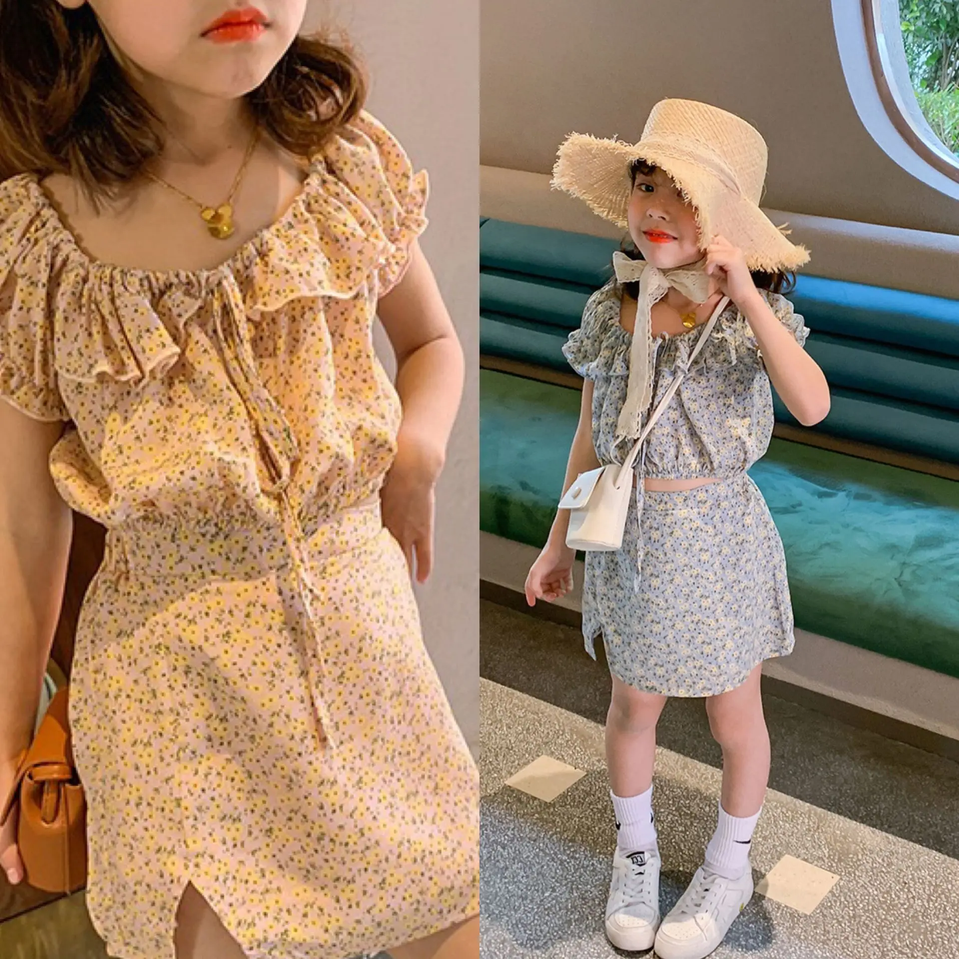 

F8642702 Summer Girls Blouse + Shorts Kids Suit Children Clothes Fashion Floral shirt shorts out