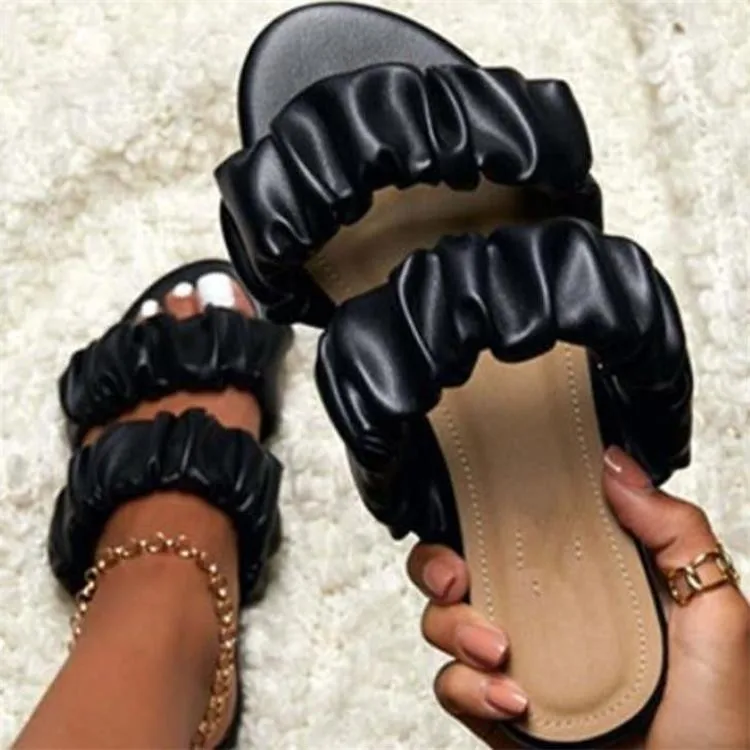 

2021 Summer Trendy Flat Women's Sandals Leather Slippers Slides Double Strap Causal Shoes, Customized color